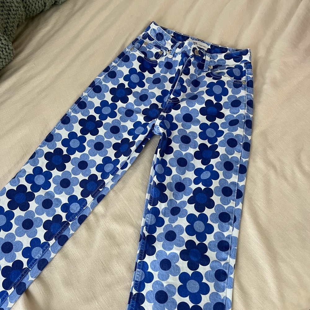 Zara Blue Floral High Rise Jeans